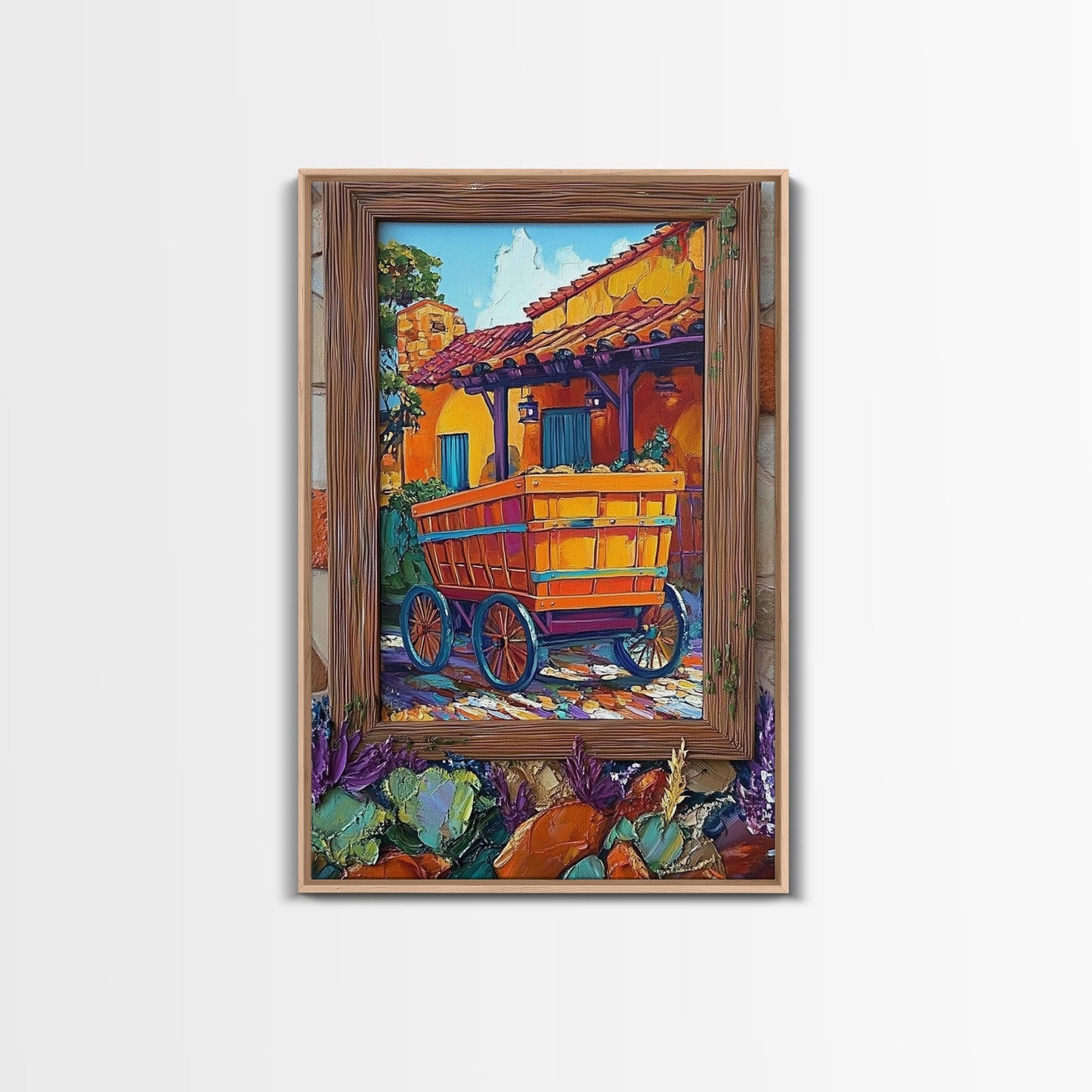 Rustic Wagon, Village, Colorful House Framed Canvas Print, Southwest Home Decor, Farmhouse Kitchen Wall Art, Mexican Art Style
