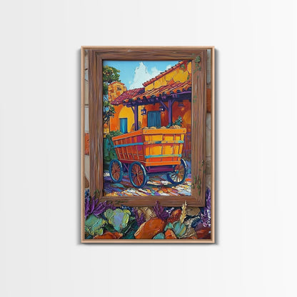 Rustic Wagon, Village, Colorful House Framed Canvas Print, Southwest Home Decor, Farmhouse Kitchen Wall Art, Mexican Art Style