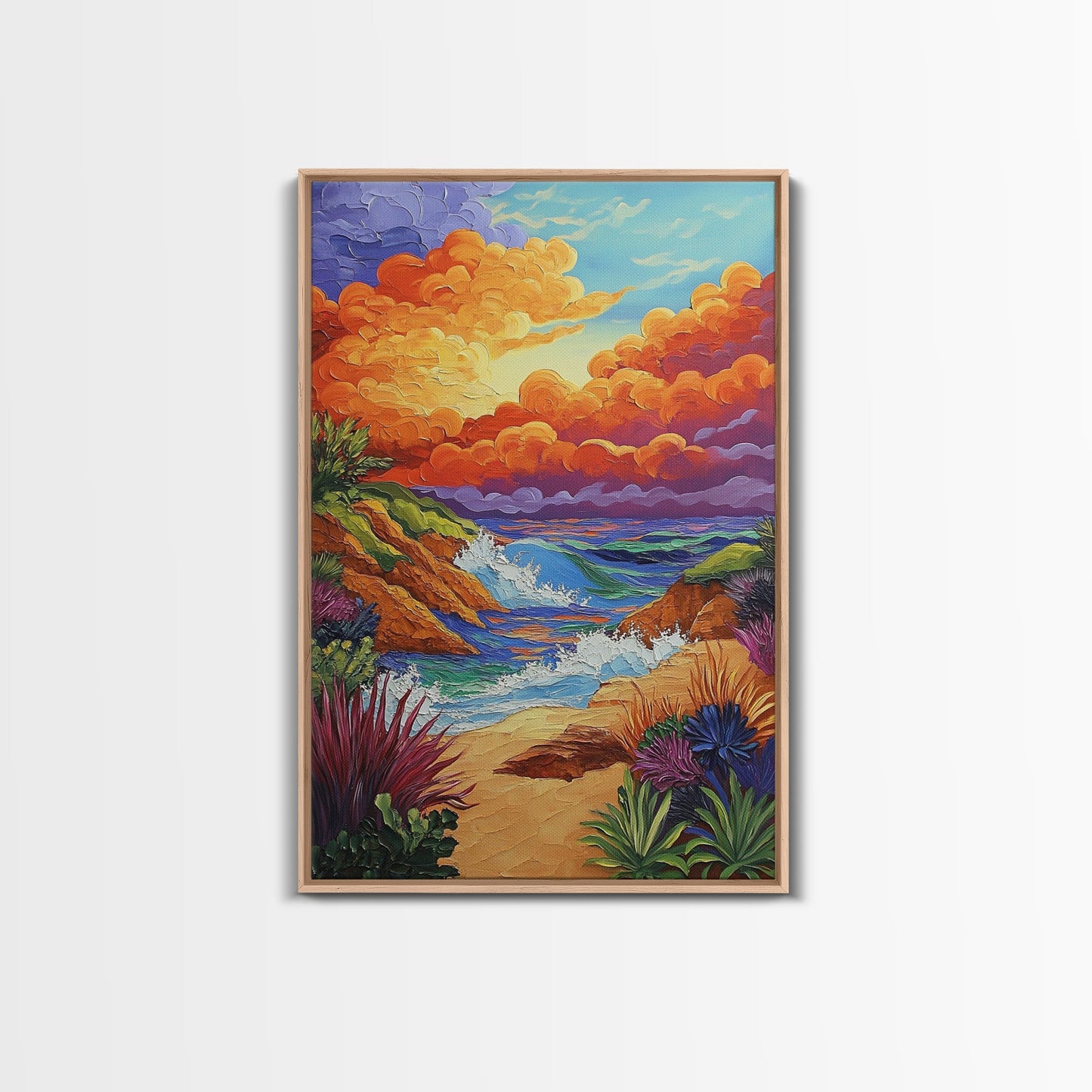 Seaside Sunset, Cliff, Dramatic Clouds Framed Canvas Print, Vibrant Ocean Wall Decor, Bathroom Beach Art, Coastal Expressionism