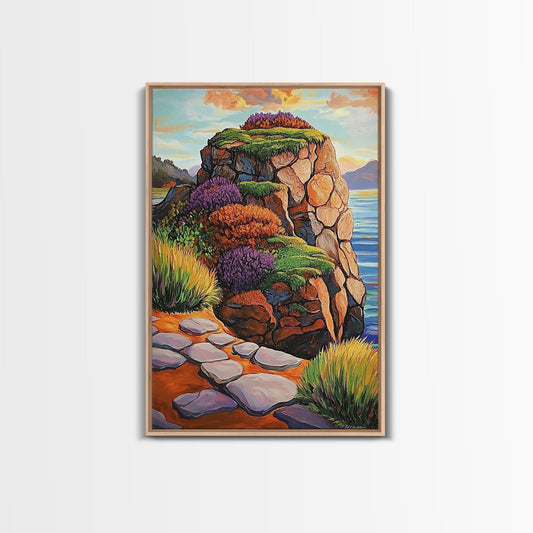 Rocky Cliff, Ocean, Wildflowers Canvas Print, Vibrant Coastal Wall Art, Hallway Nature Scene, Colorful Landscape Painting