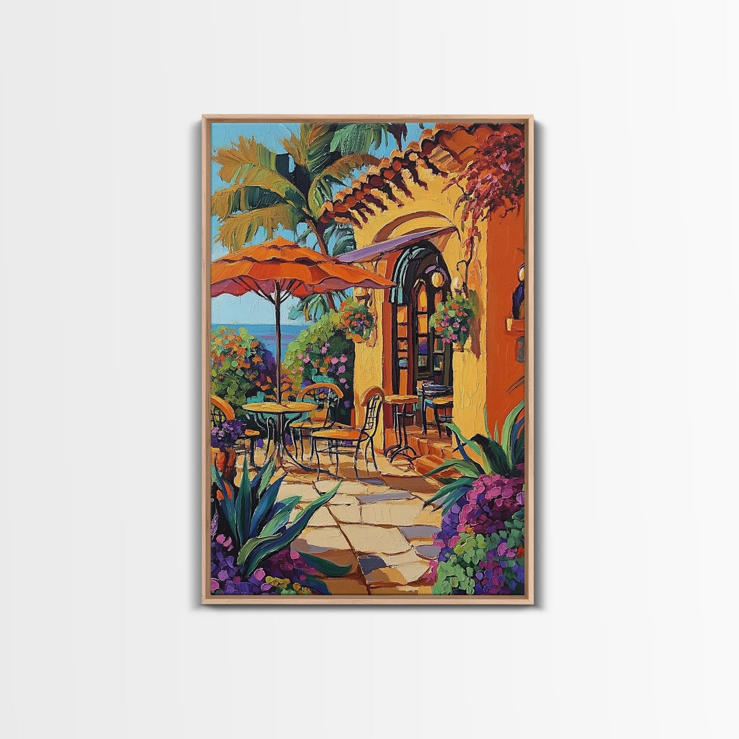 Bistro Patio, Sun, Canvas Print, Mediterranean cafe painting, kitchen wall art, outdoor charm artwork, sunny terrace decor, cozy nook print