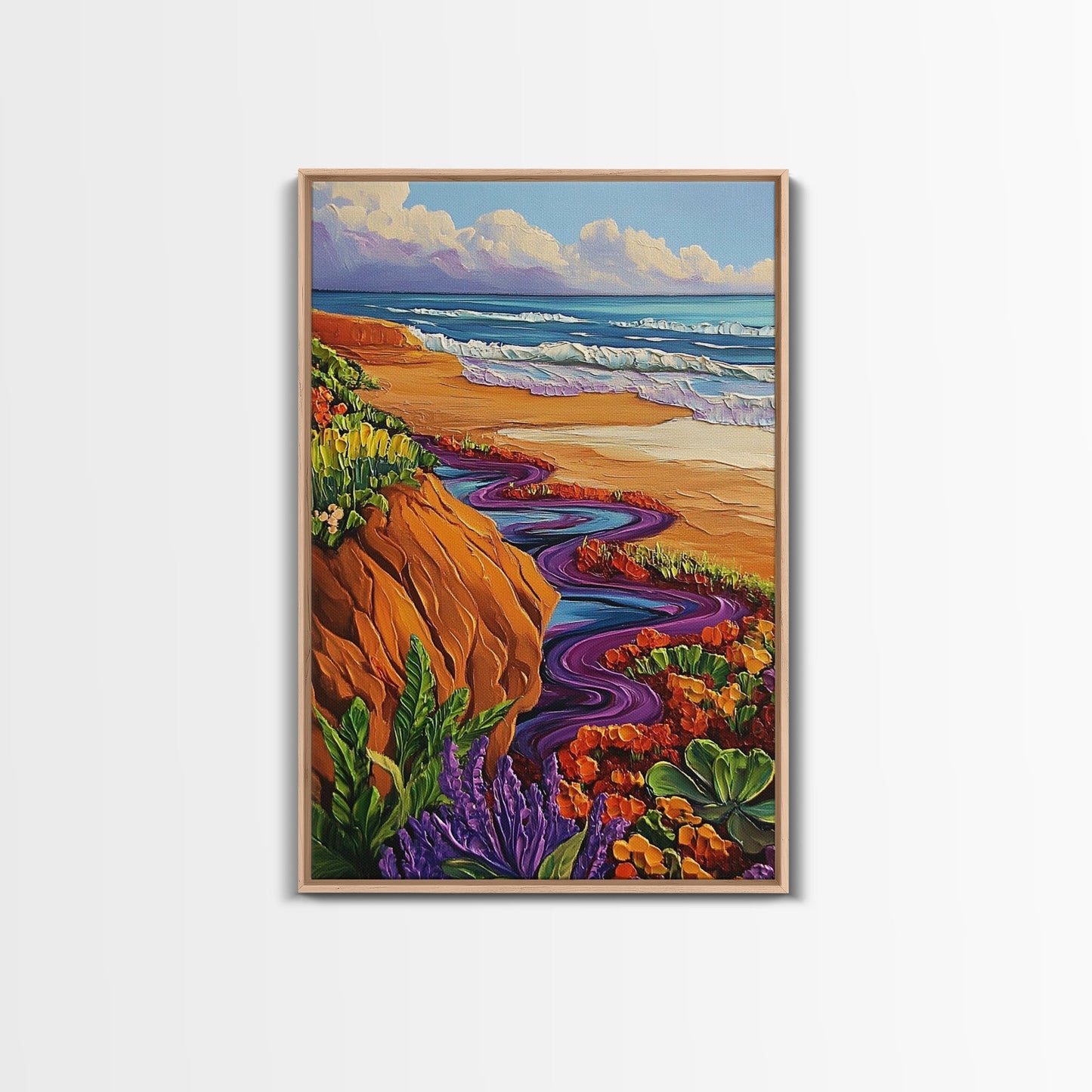 Ocean Cliffside, Floral, Seascape, Framed Canvas Print, Coastal Nature Wall Art, Bold Botanical Beach Decor, Bathroom Accent Piece