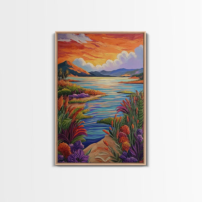 Lake Sunset, Wildflowers, Peaceful, Framed Canvas Print, Serene Nature Wall Art, Bedroom or Living Room Decor, Vibrant Landscape Style