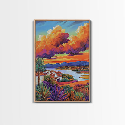 Village Sunset, Clouds, Landscape, Framed Canvas Print, Colorful Scenic Wall Art, Rustic Living Room Decor, Mediterranean Countryside