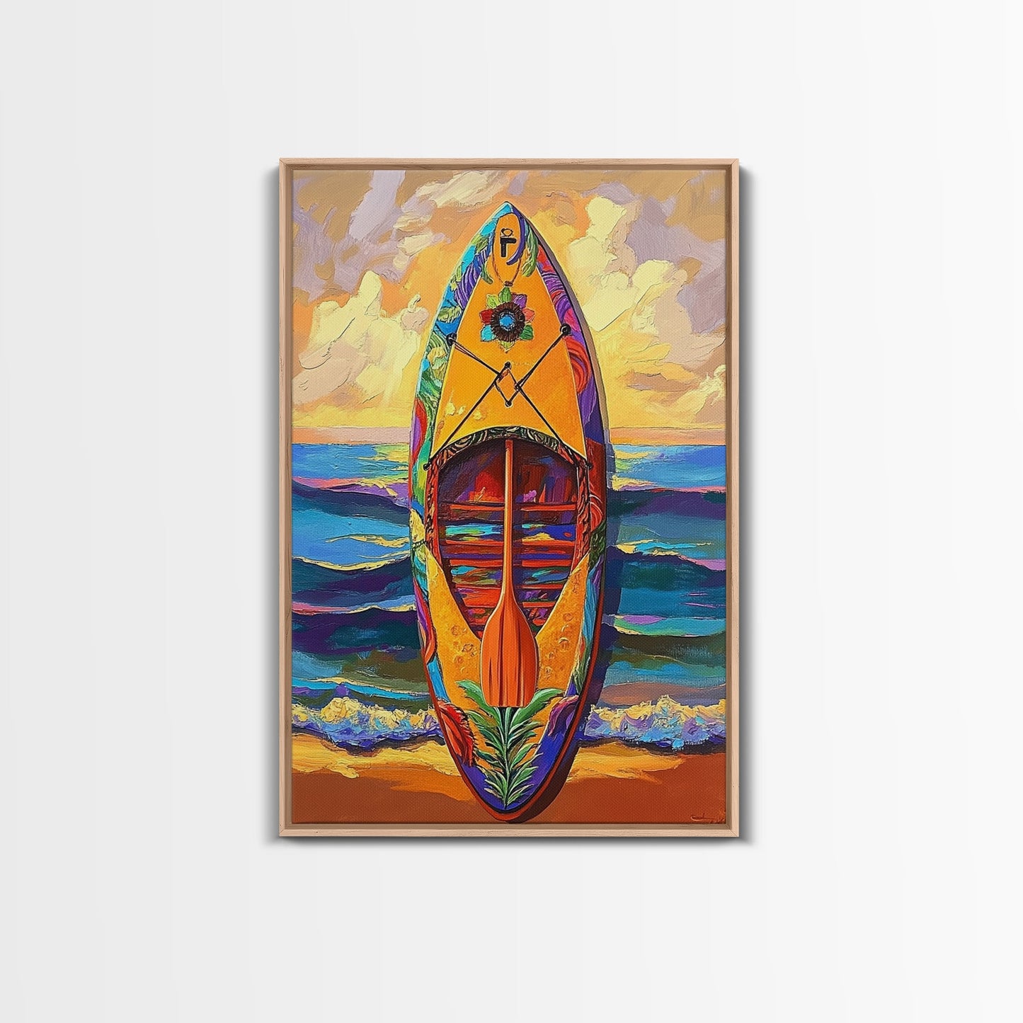 Yellow Surfboard Art, Vibrant Paddle Print, Colorful Beach Decor, Coastal Ocean Wall, Framed Canvas Print, Bathroom Wall Art, tropical art