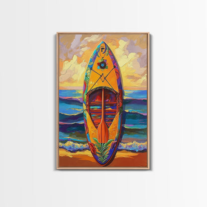 Yellow Surfboard Art, Vibrant Paddle Print, Colorful Beach Decor, Coastal Ocean Wall, Framed Canvas Print, Bathroom Wall Art, tropical art