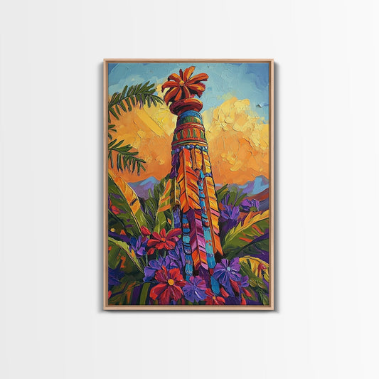 Feather Totem, Boho Decor, Sunset Colors, Framed Canvas Print, tribal art, spiritual art, colorful bohemian painting, Bedroom Wall Art