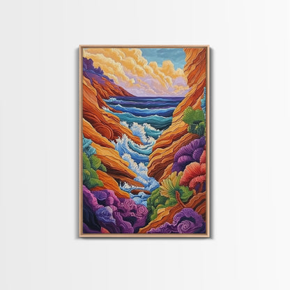 Wild Coast, Ocean Energy, Bold Waves, Colorful Rocks, Canvas Print, Eclectic Wall Art, Coastal Retreat Decor, Psychedelic Ocean Art