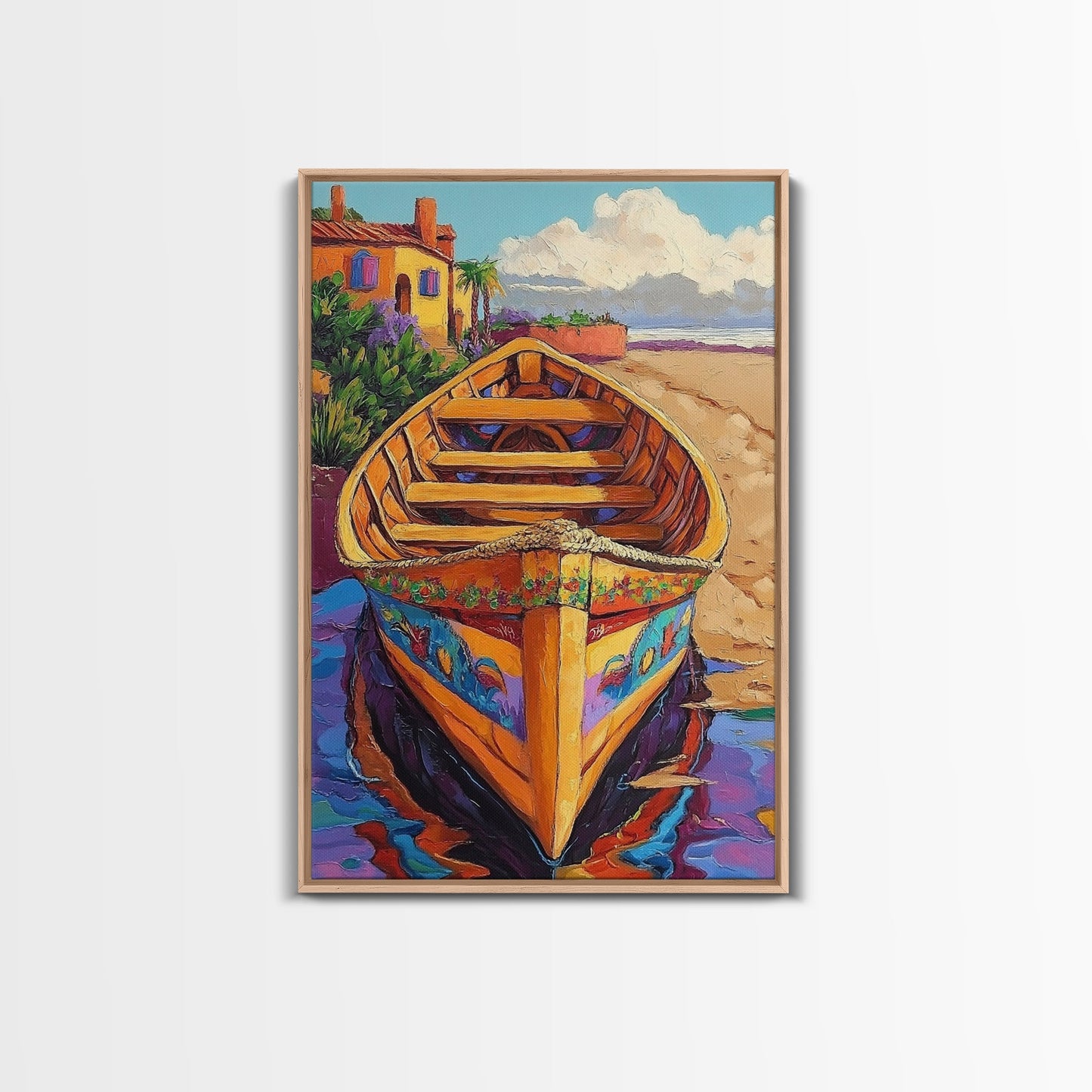 Painted Boat, Coastal Home, Nautical Style, Vibrant Beach Scene, Seaside Decor, Bathroom Wall Art, Canvas Print, Summer Vibes Art
