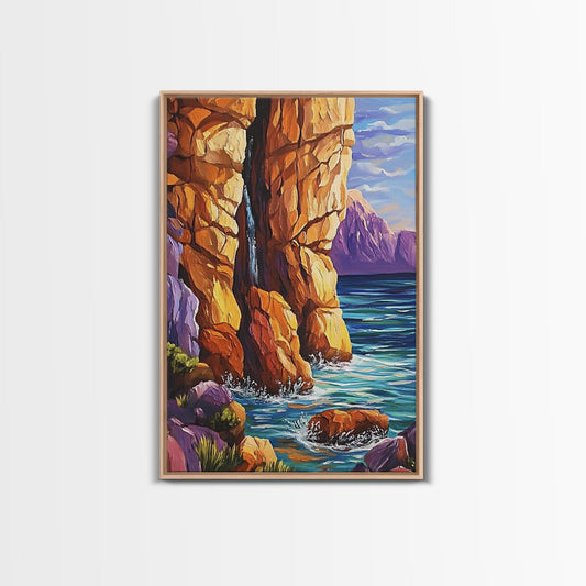 Canyon Waterfall, Ocean Cliffs, Nature Escape, Rugged Landscape, Fall Season Decor, Living Room Wall Art, Framed Canvas Print
