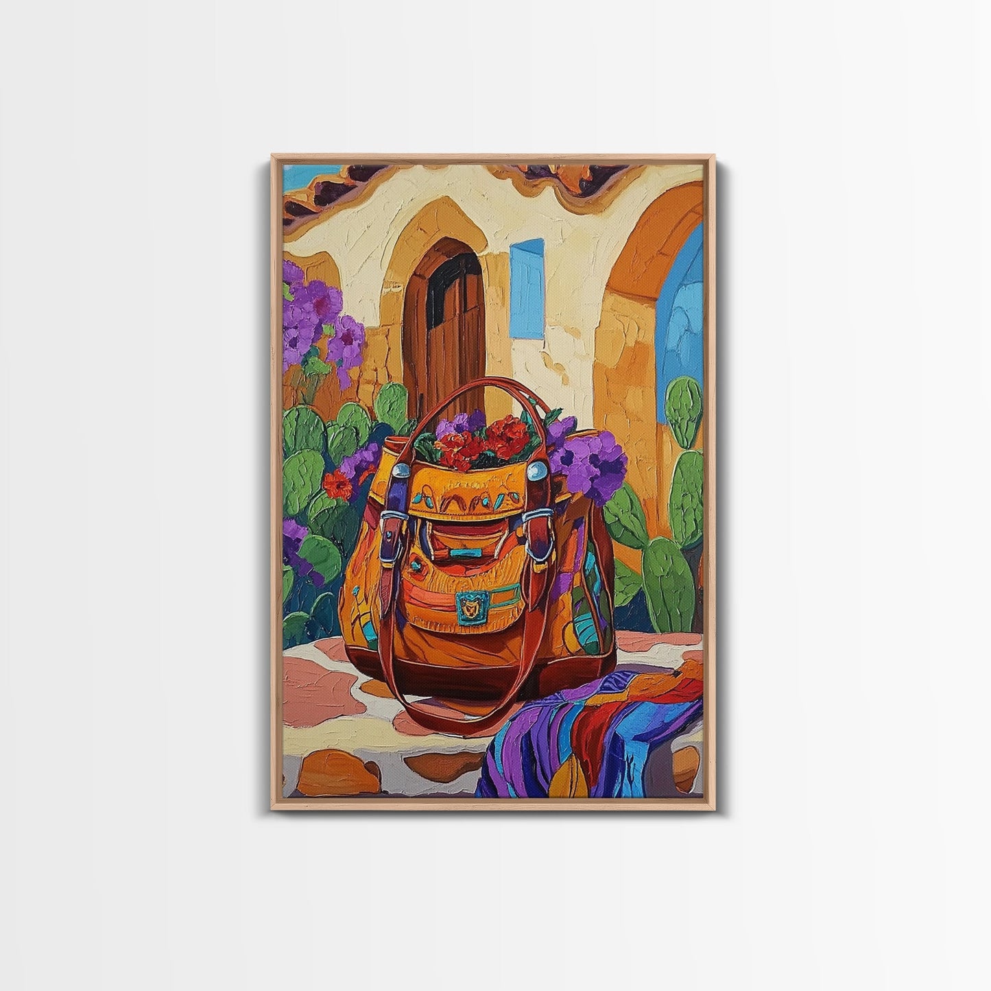 Saddle Bag, Desert Flowers, Southwest Style, Rustic Charm, Mexican Market Vibe, Entryway Wall Art, Framed Canvas Print, Colorful Boho Art