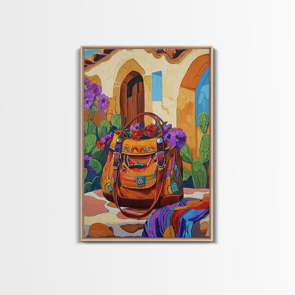 Saddle Bag, Desert Flowers, Southwest Style, Rustic Charm, Mexican Market Vibe, Entryway Wall Art, Framed Canvas Print, Colorful Boho Art
