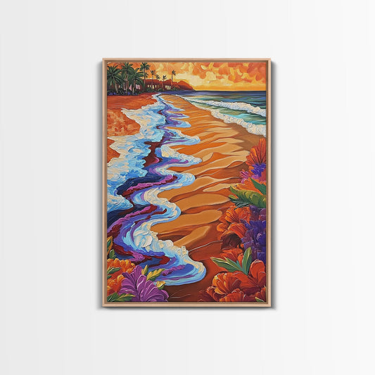 Coastal Sunset, Tropical Waves, Colorful Shoreline, Beach Vibes, Framed Canvas Print, Hawaii sunset art, living room wall art, coastal decor