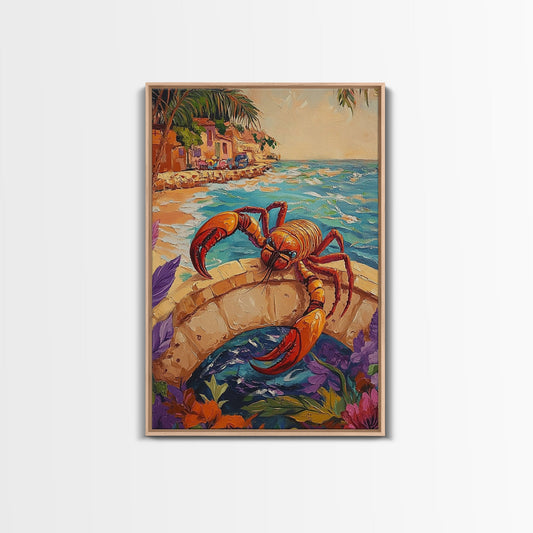 Lobster Art, Coastal Bridge, Tropical Scene, Nautical Style, Framed Canvas Print, lobster decor, beach cottage coastal art, bathroom print