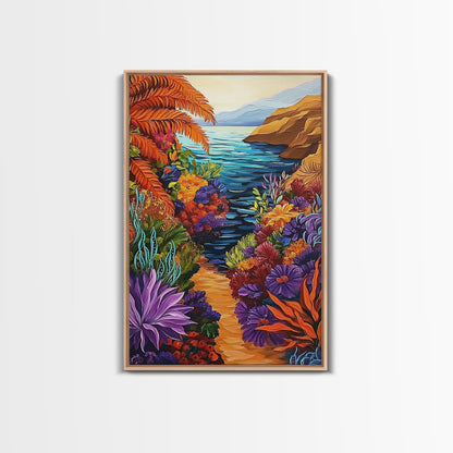 Hidden Cove, Ocean Trail, Botanical Beauty, Colorful Path, Framed Canvas Print, tropical jungle painting, hallway wall art, boho art