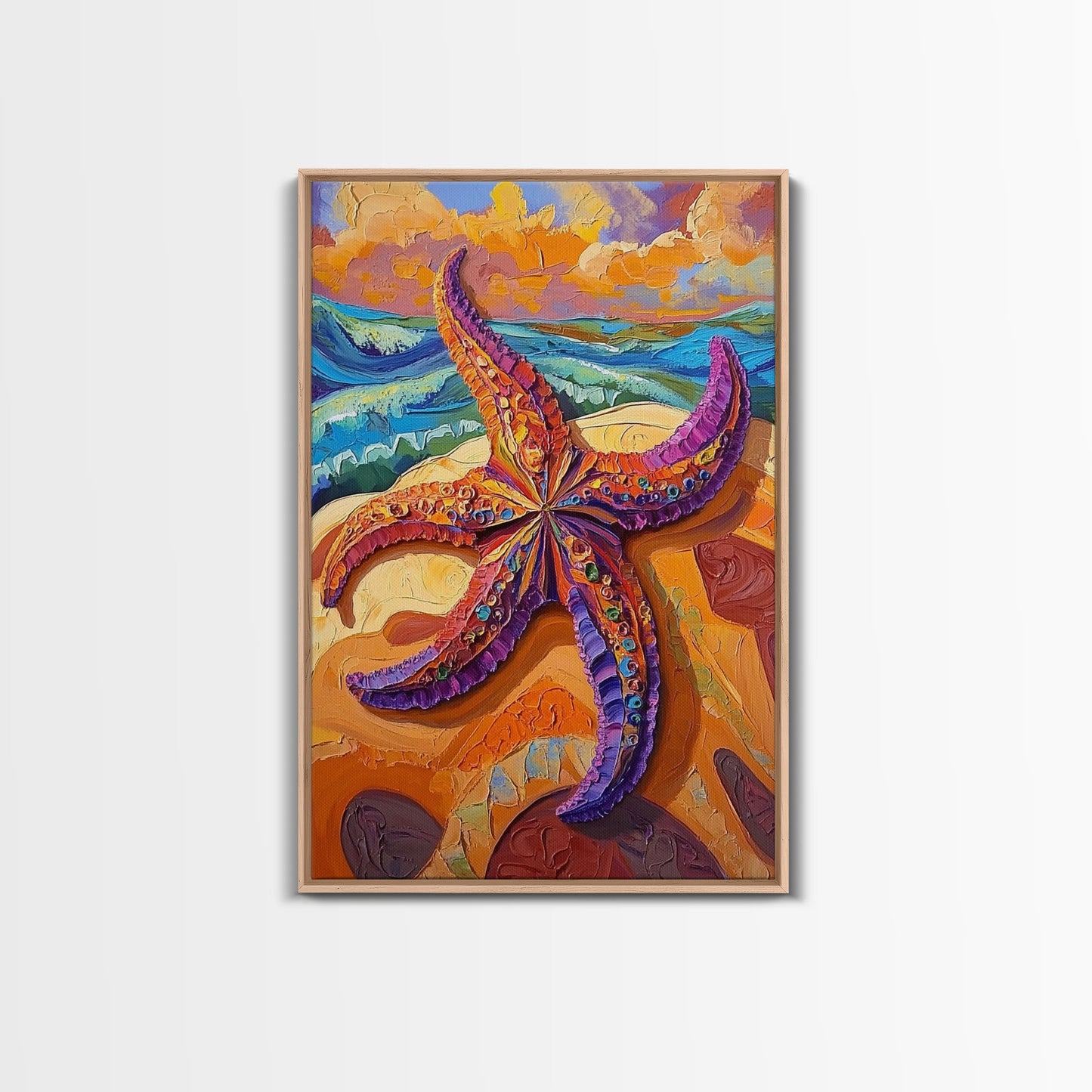 Starfish Closeup, Vibrant Shore, Ocean Texture, Coastal Beauty, Framed Canvas Print, Bathroom Wall Art, Beach House Decor, Seaside Boho Art