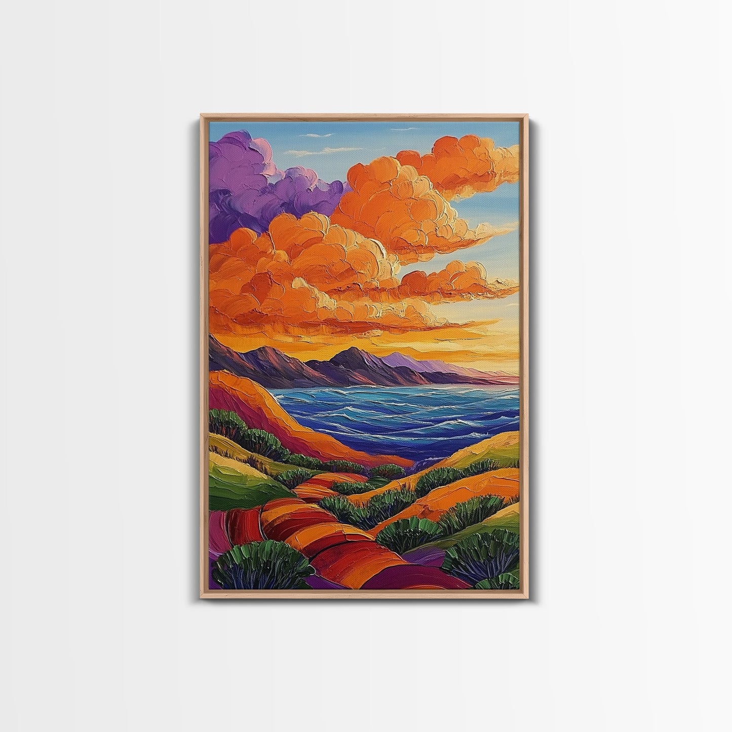 Coastal Hills, Sunset Path, Ocean View, Fiery Sky — Framed Canvas Print Autumn landscape painting, colorful kitchen wall art, boho decor