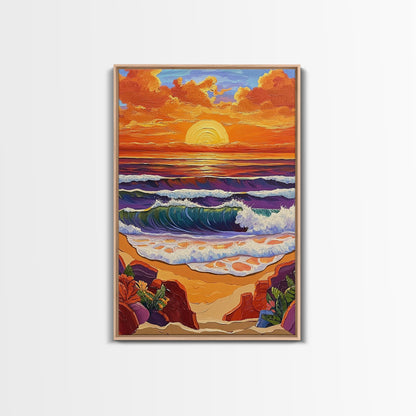 Sunset Beach, Crashing Waves, Golden Sky, Ocean Horizon — Canvas Print tropical landscape art, bathroom wall decor, modern beach vibe