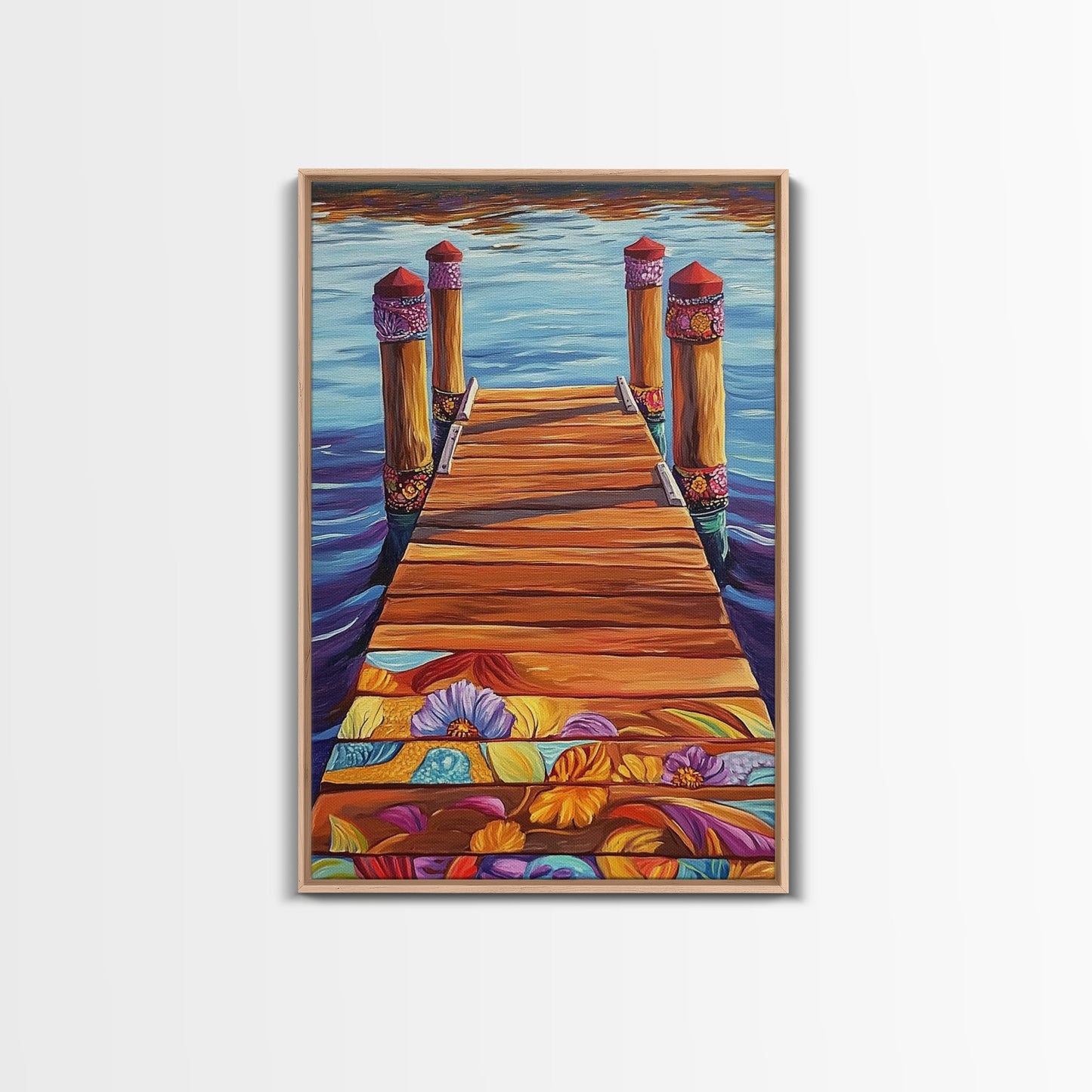 Painted Dock Scene, Vibrant Water Art, Lake House Decor, Canvas Print, Boho Coastal Wall Art, Summer Vibes, Nature Inspired