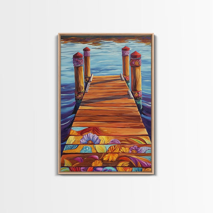 Painted Dock Scene, Vibrant Water Art, Lake House Decor, Canvas Print, Boho Coastal Wall Art, Summer Vibes, Nature Inspired