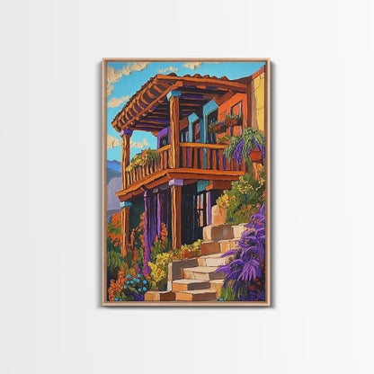 Rustic Balcony View, Desert Garden Colors, Southwest Home Art, Framed Canvas Print, Living Room Wall Art, Boho Summer Decor