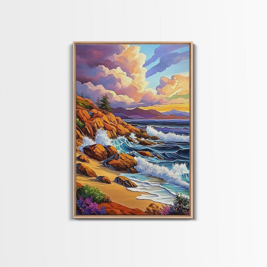 Rocky Beach Landscape, Dramatic Sky Scene, Coastal Ocean View, Canvas Print, Fall Nature Decor, Living Room Wall Art