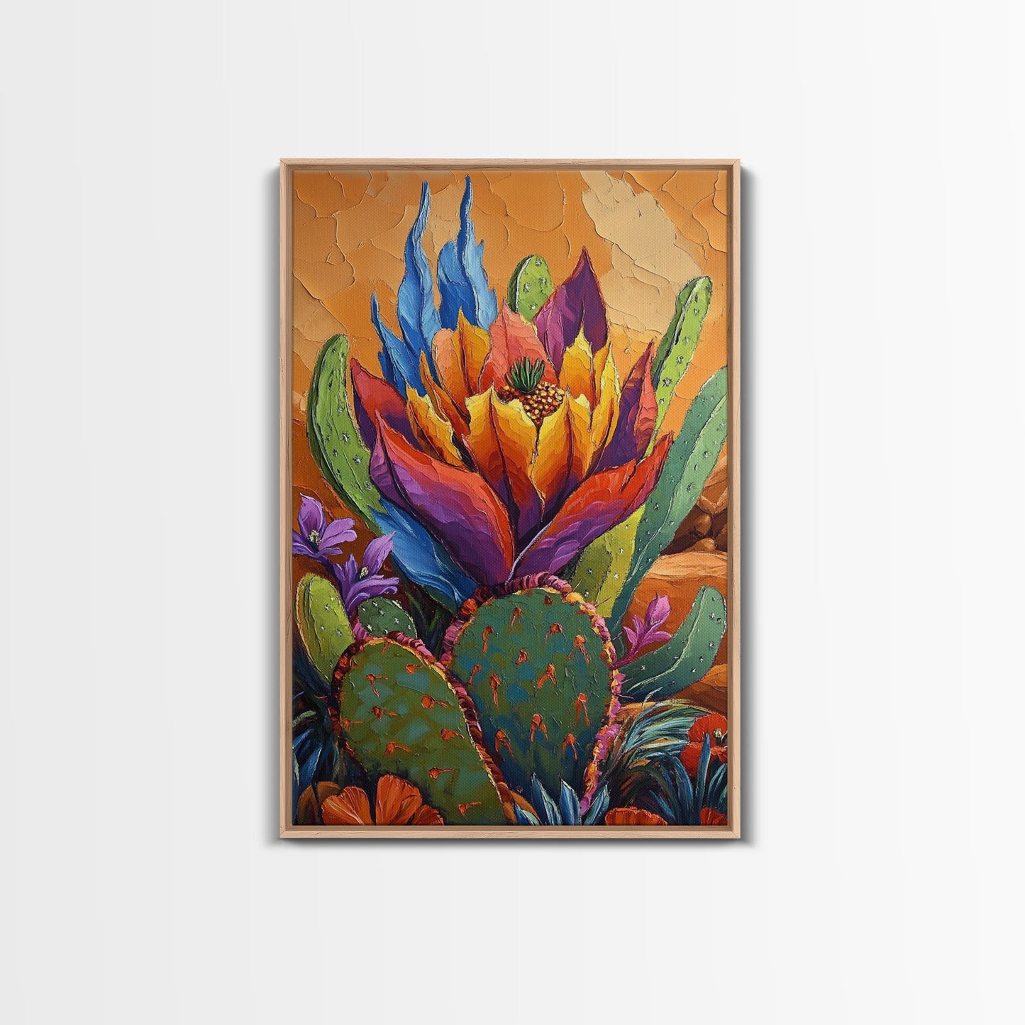 Cactus Blooming, Desert, Vivid, Framed Canvas Print bold southwest art, colorful desert cactus, southwestern home decor, kitchen wall art