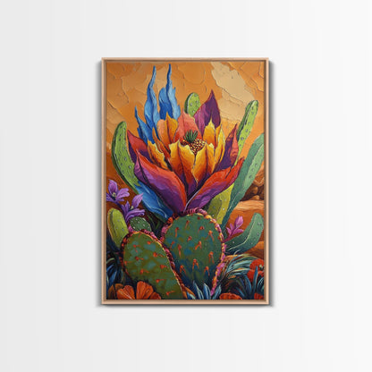 Cactus Blooming, Desert, Vivid, Framed Canvas Print bold southwest art, colorful desert cactus, southwestern home decor, kitchen wall art