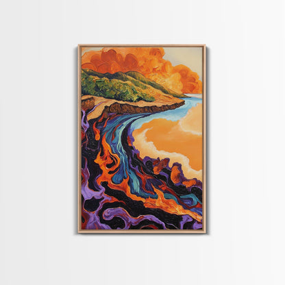 Lava Coastline, Molten Waves, Abstract Nature, Volcanic Scene, Framed Canvas Print, Fall Wall Art, Moody Decor, Earthy Abstract Art
