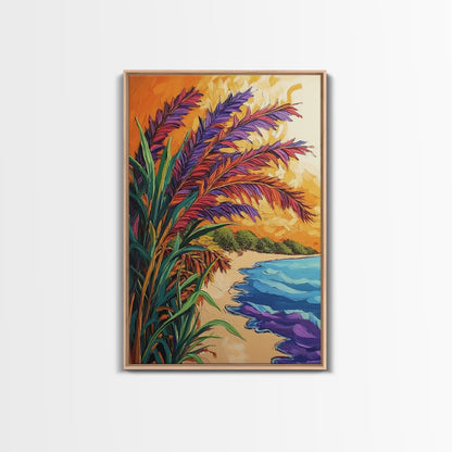 Vibrant Beach Grass, Sunset Ocean View, Coastal Wall Decor, Tropical Vibes, Framed Canvas Print, Summer Living Room Wall Art