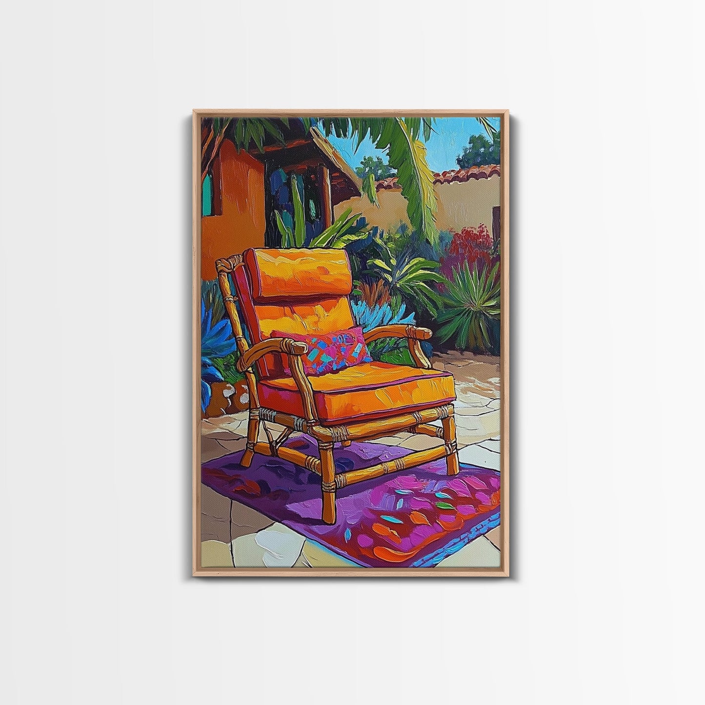 Chair Patio Palm, Tropical, Framed Canvas Print tropical garden wall art, colorful patio vibes, summer decor, boho sunroom wall art