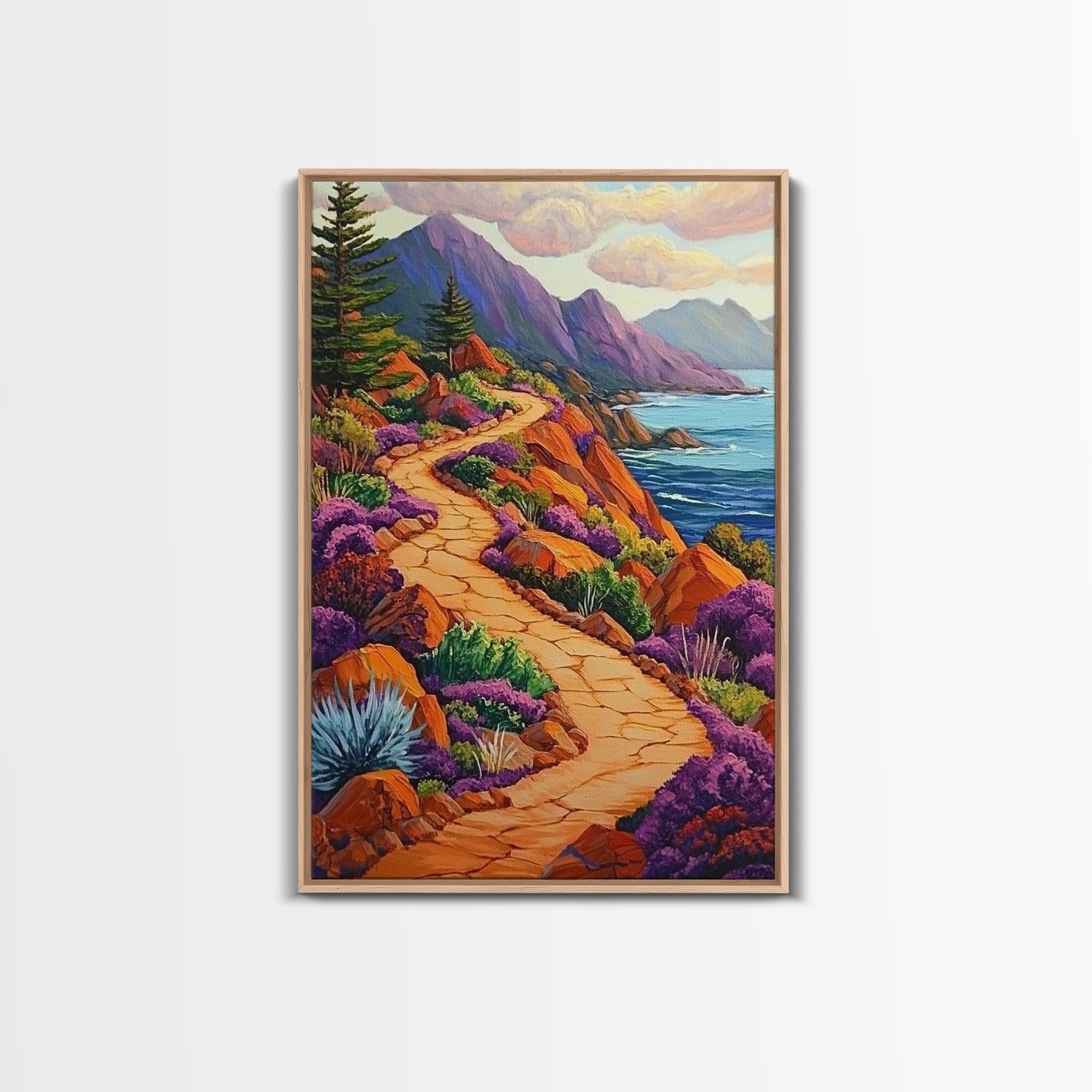 Winding Trail, Ocean Cliffs, Coastal Landscape, Mountain View, Framed Canvas Print, rustic wall art, cabin decor, colorful nature painting