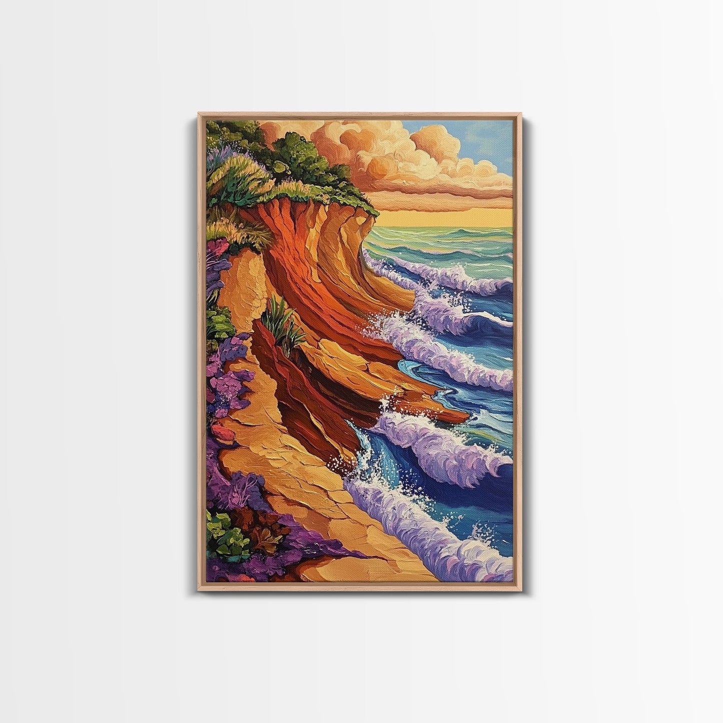 Waves Cliffs, Nature Surf, Canvas Print dramatic ocean surf painting, coastal boho landscape art, Living Room Wall Art, beachy decor