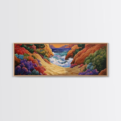 Ocean Path, Colorful Cliffs, Bright Beach, Nature Trail, Framed Canvas Print, Coastal Wall Art, Hallway Decor, Vibrant Seaside Painting