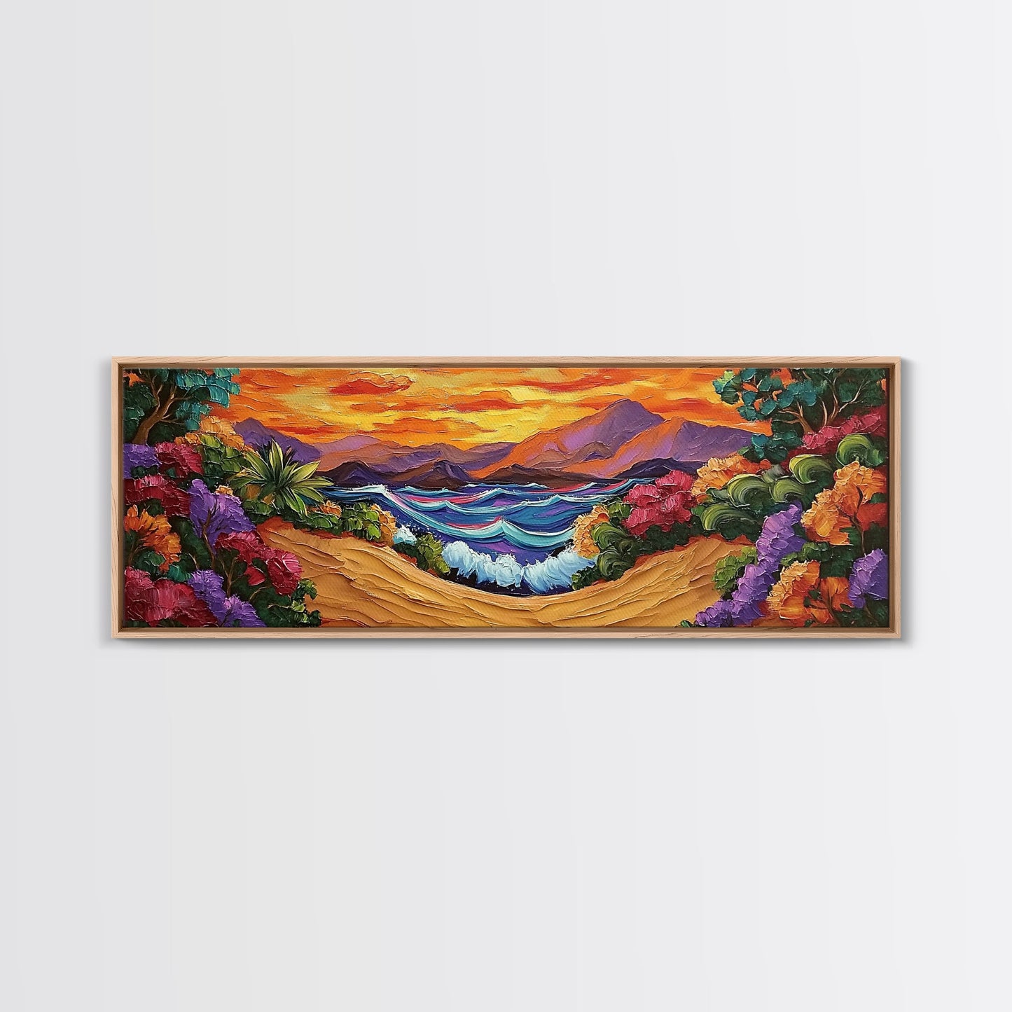 Tropical Sunset Cove, Vibrant Ocean Painting, Beach House Decor, Bold Nature Scene, Boho Living Room Canvas Print, Nature Painting