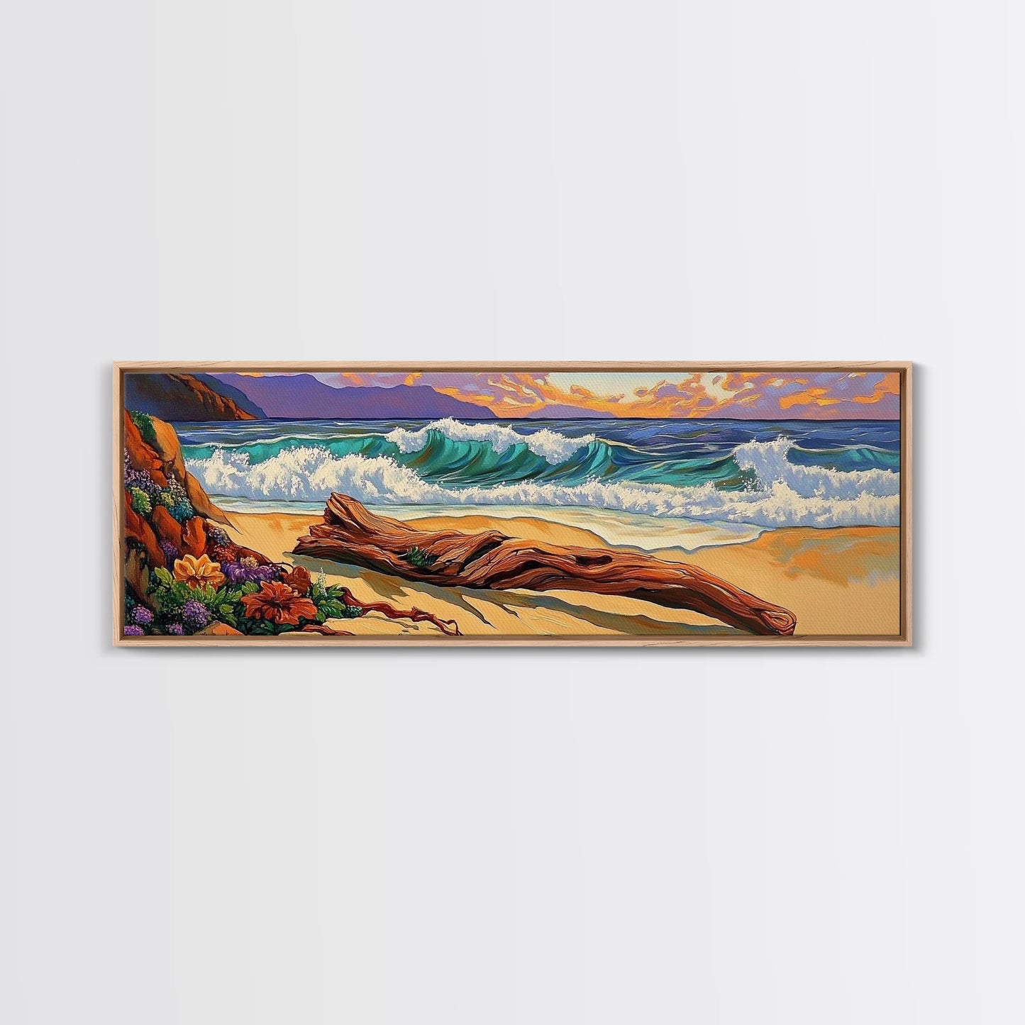 Ocean Shore Driftwood, Seaside Flower Art, Nature Landscape, Framed Canvas Print, Coastal Living Room or Beach House Wall Art