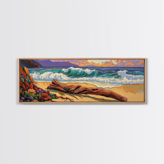 Ocean Shore Driftwood, Seaside Flower Art, Nature Landscape, Framed Canvas Print, Coastal Living Room or Beach House Wall Art