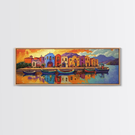 Colorful Harbor, Mediterranean Town, Boats Reflected, Framed Canvas Print, travel art, coastal wall decor, dining room art
