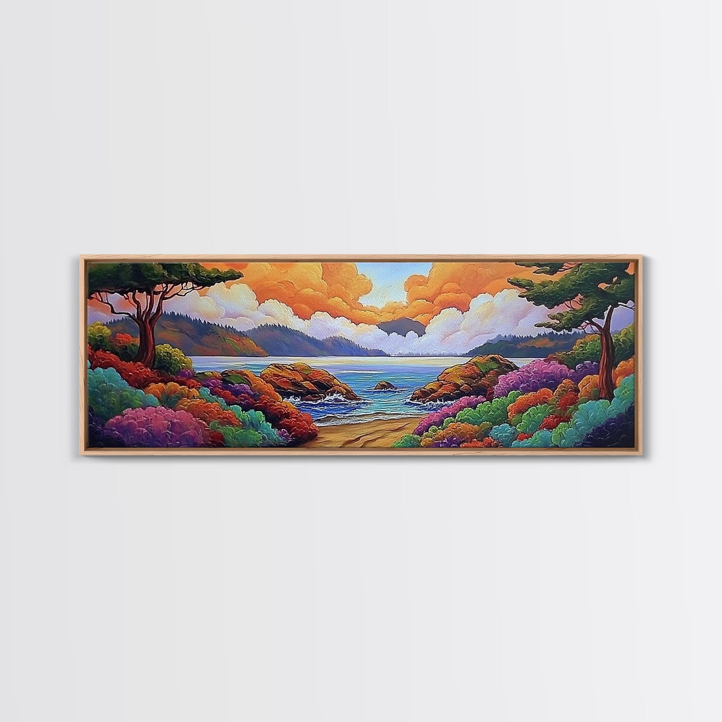 Vibrant Coastal View, Ocean Sunset Landscape, Floral Beach Scene, Framed Canvas Print, Colorful Wall Art, Tropical Living Room