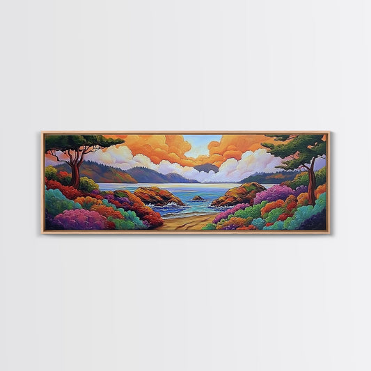 Vibrant Coastal View, Ocean Sunset Landscape, Floral Beach Scene, Framed Canvas Print, Colorful Wall Art, Tropical Living Room