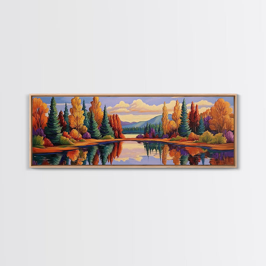 Autumn Reflections Painting, Lakeside Forest Landscape, Fall Color Trees, Framed Canvas Print, Cabin Wall Art, Cozy Living Room