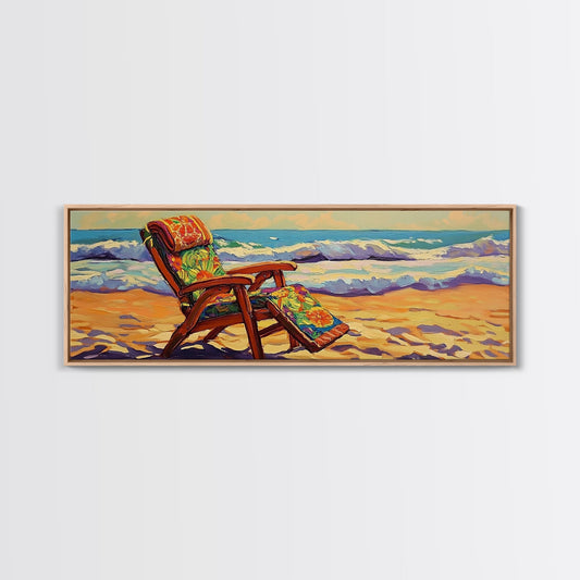 Relaxing Beach Chair, Colorful Ocean View, Canvas Print, Coastal Boho Decor, Vacation Vibe Wall Art, Bedroom or Patio Art