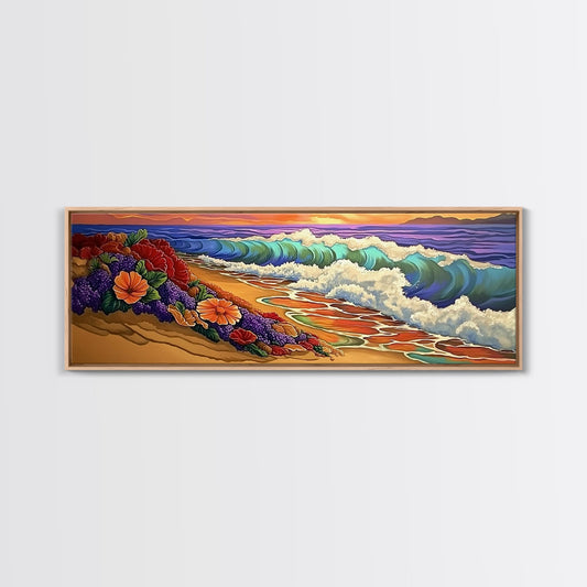 Floral Shoreline, Ocean Bloom, Wave Magic, Framed Canvas Print, Coastal Cottage Wall Art, Colorful Beach Art, Boho Seaside Vibes