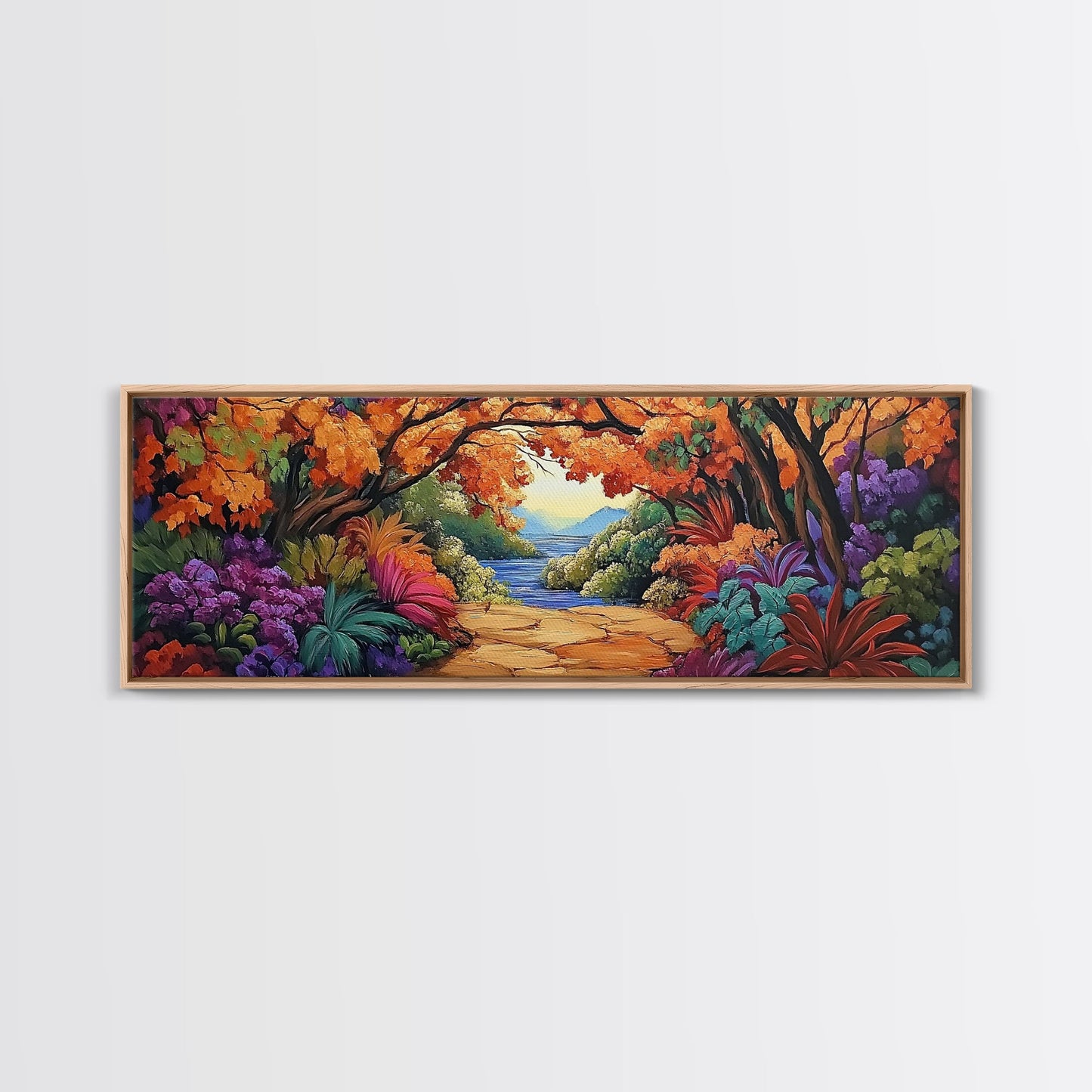 Autumn Archway, Colorful Path, Forest Lake, Vibrant Trees, Framed Canvas Print, Entryway Wall Art, Fall Nature Scene, Boho Art
