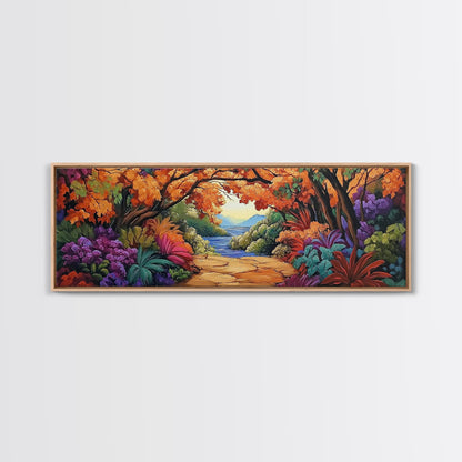 Autumn Archway, Colorful Path, Forest Lake, Vibrant Trees, Framed Canvas Print, Entryway Wall Art, Fall Nature Scene, Boho Art