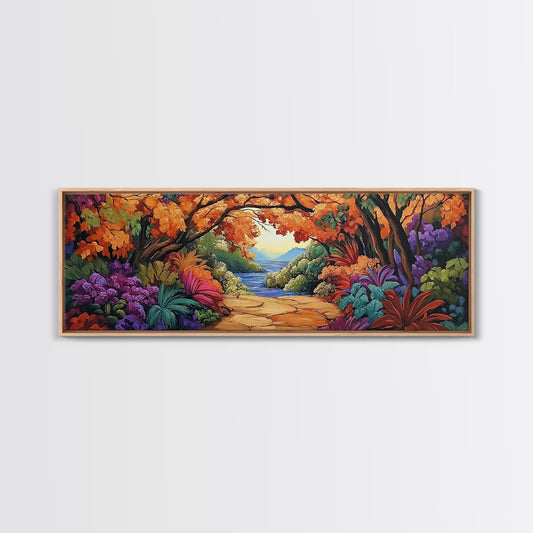 Autumn Archway, Colorful Path, Forest Lake, Vibrant Trees, Framed Canvas Print, Entryway Wall Art, Fall Nature Scene, Boho Art