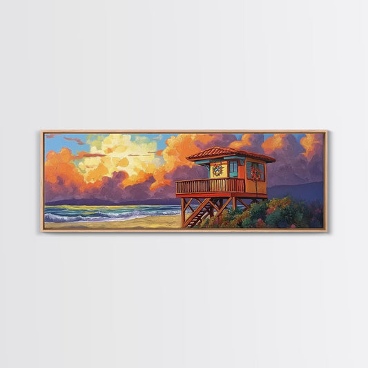 Lifeguard Tower Glow, Beach Sunset Scene, Holiday Decor, Framed Canvas Print, coastal art, tropical beach home, fall season decor