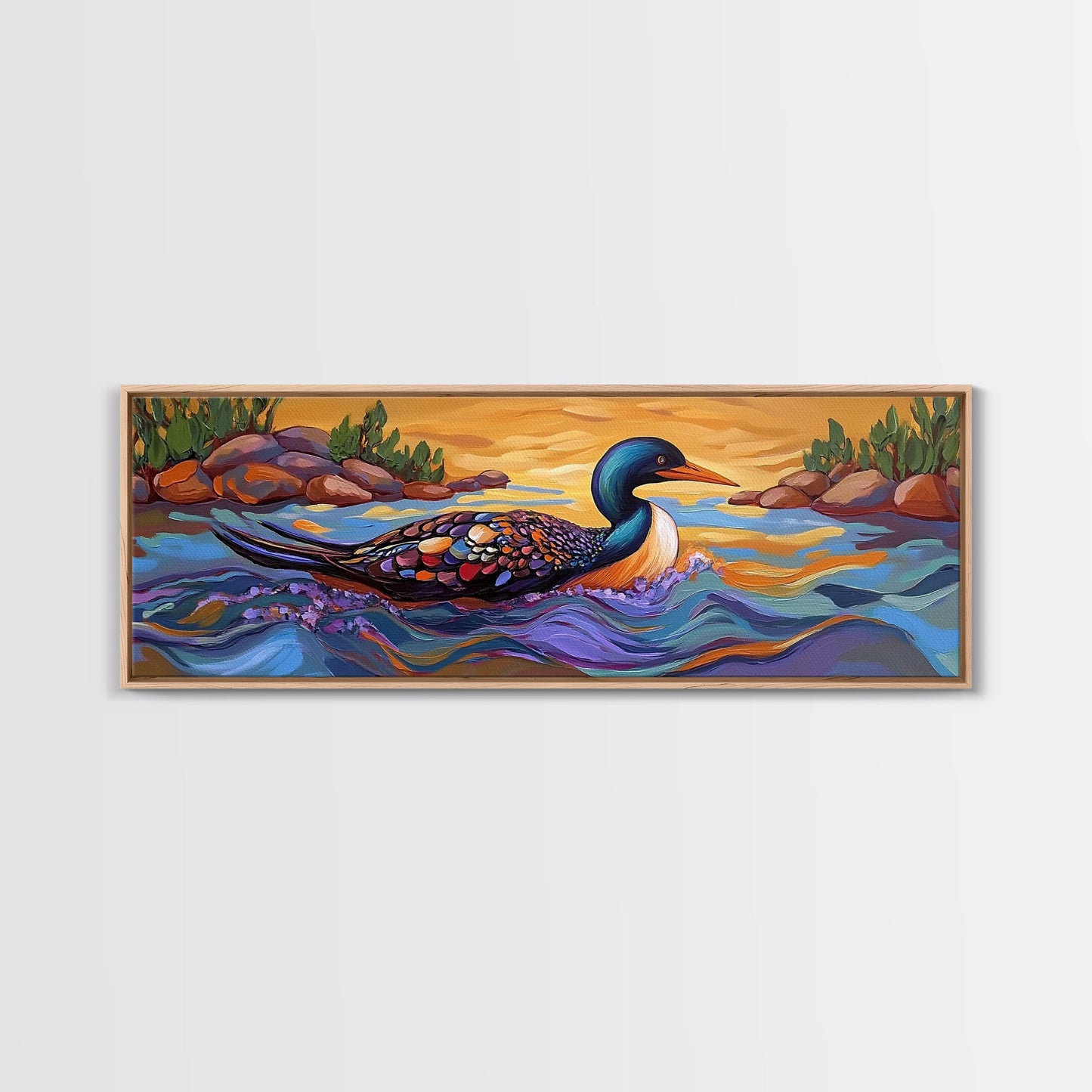 Loon Painting, Tranquil Waters, Sunset Paddle, Colorful Feathers, Framed Canvas Print, lake house art, wildlife nature decor