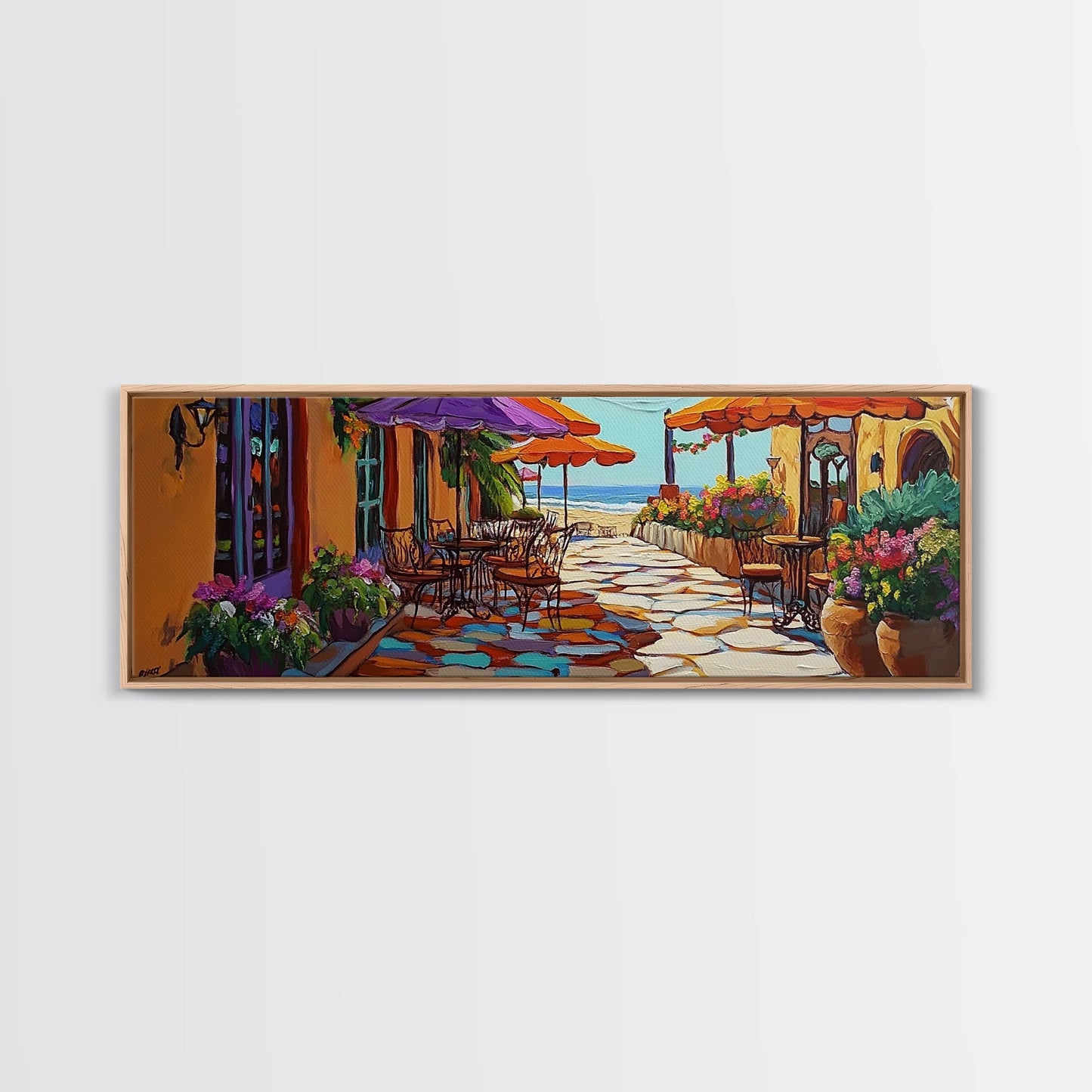 Coastal Café, Ocean View, Umbrella Patio, Bright Florals, Framed Canvas Print, Kitchen Wall Art, Mediterranean Style, Garden Dining Art