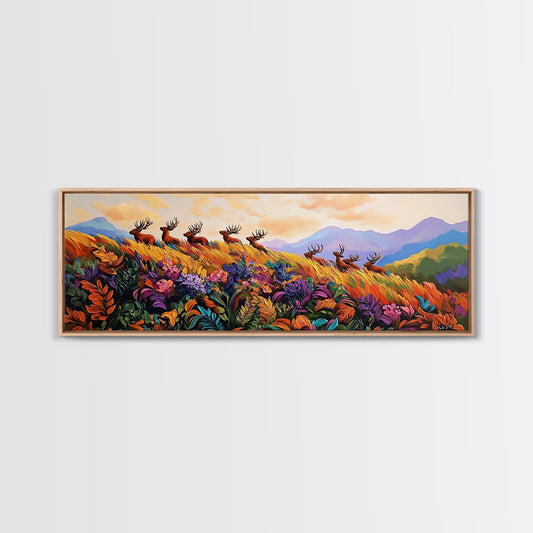 Stag Meadow Herd, Colorful Deer Painting, Mountain Wildlife Art, Framed Canvas Print, Fall Nature Wall Art, Boho Living Room Decor